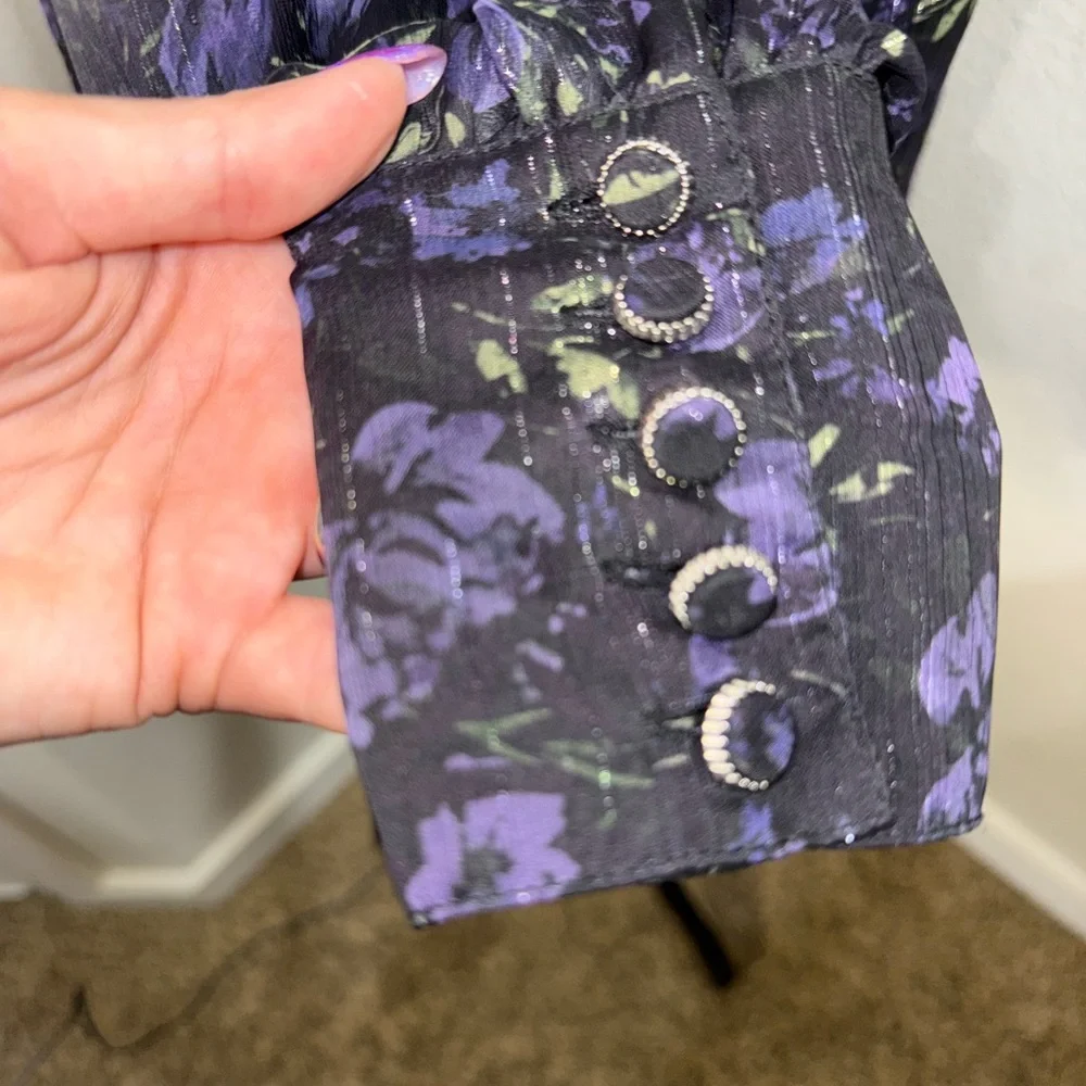 Elie Tahari‎ Whimsical Black and Purple Floral Blouse- Size XS